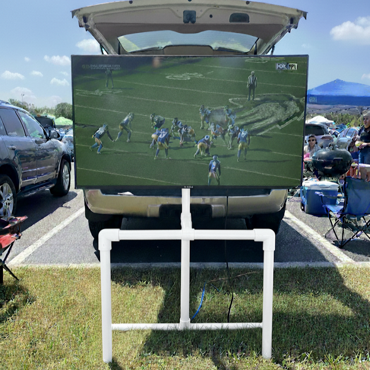Freestanding portable TV stand for outdoor tailgating - standalone ground-based mount supports 55-inch TVs without truck
