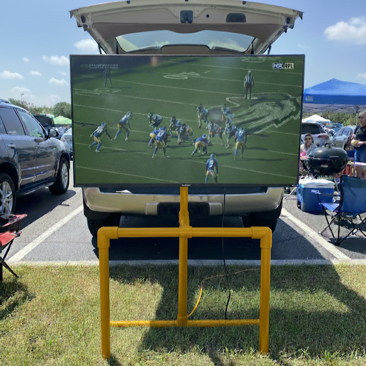 Portable outdoor TV stand, ground resting design, supports 55-inch screen, available in multiple team colors