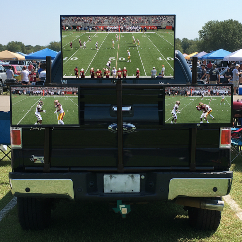 Modular entertainment system with multiple TV mounts, securely attaching to a truck tailgate for tailgating and outdoor events