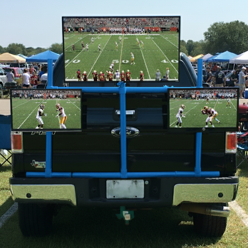Modular entertainment system with multiple TV mounts, securely attaching to a truck tailgate for tailgating and outdoor events