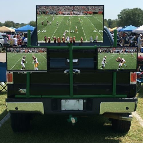 Modular entertainment system with multiple TV mounts, securely attaching to a truck tailgate for tailgating and outdoor events