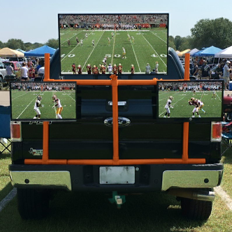Modular entertainment system with multiple TV mounts, securely attaching to a truck tailgate for tailgating and outdoor events