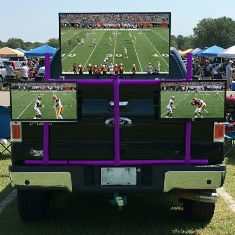 Modular entertainment system with multiple TV mounts, securely attaching to a truck tailgate for tailgating and outdoor events