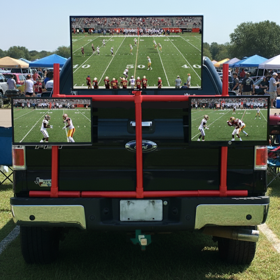 Modular entertainment system with multiple TV mounts, securely attaching to a truck tailgate for tailgating and outdoor events