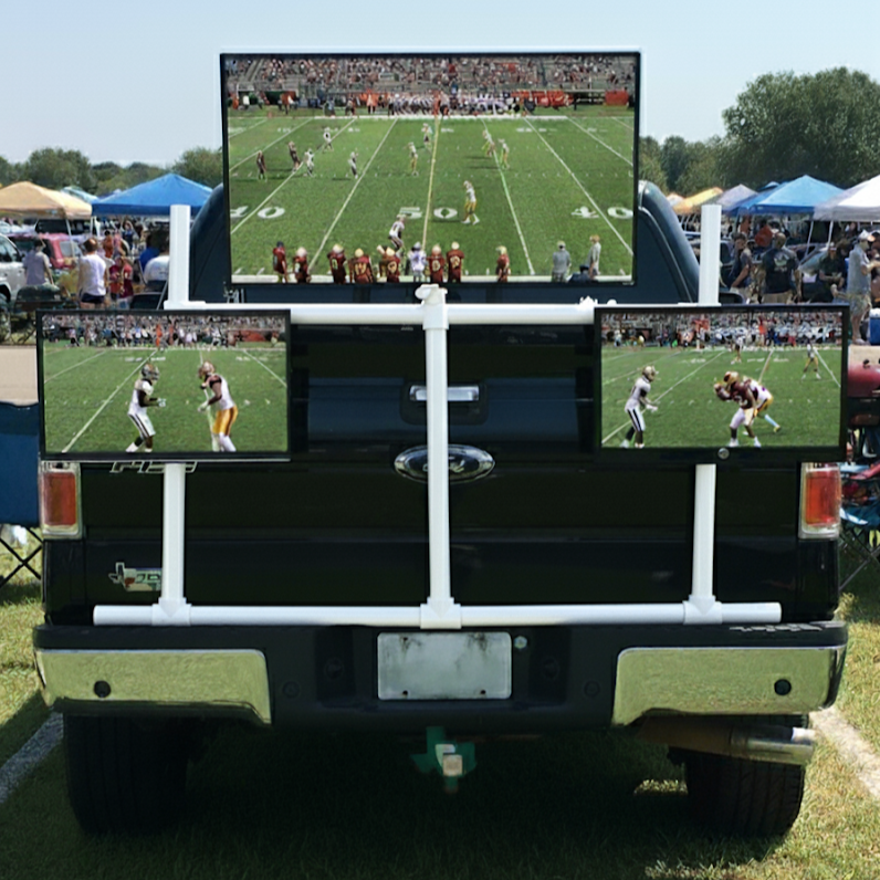 Modular entertainment system with multiple TV mounts, securely attaching to a truck tailgate for tailgating and outdoor events