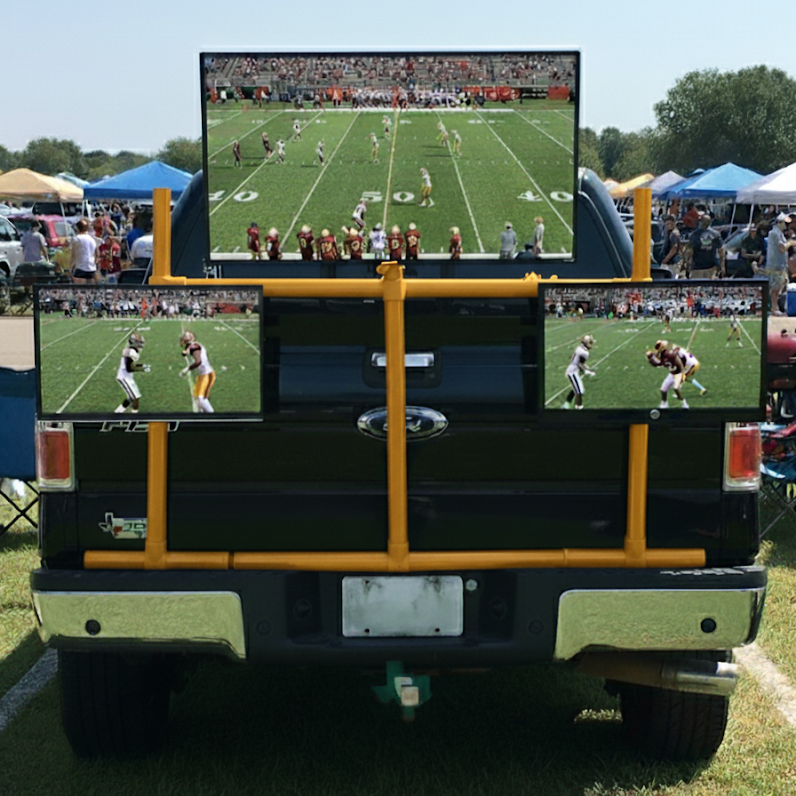 Modular entertainment system with multiple TV mounts, securely attaching to a truck tailgate for tailgating and outdoor events