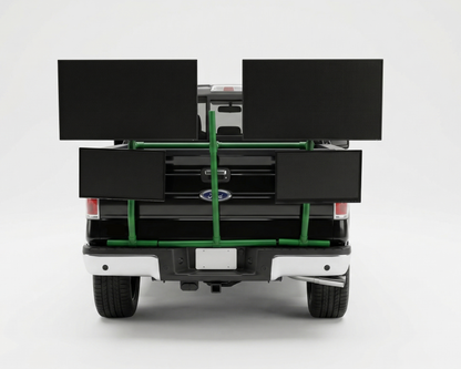 Back of a truck with a green PVC TV platform on a white background