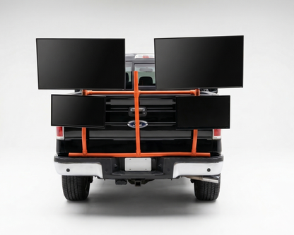 Back of a truck with a orange PVC TV platform on a white background