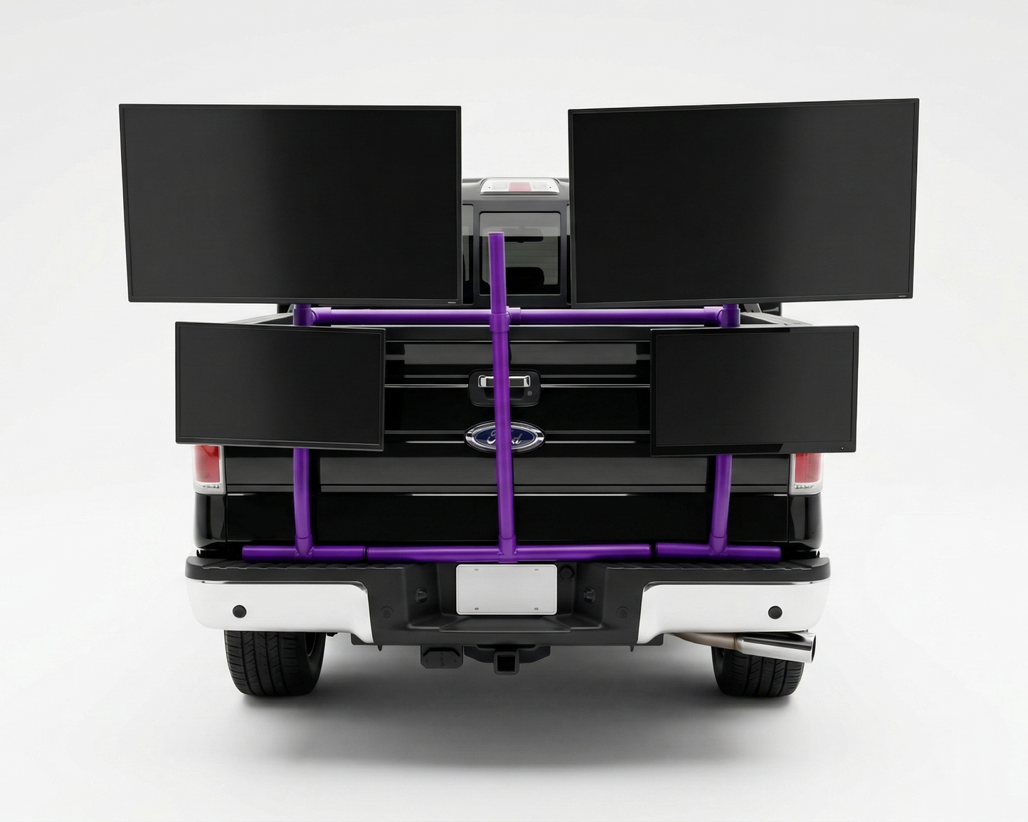 Back of a truck with a purple PVC TV platform on a white background