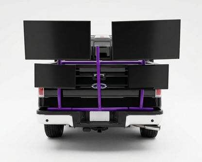 Back of a truck with a purple PVC TV platform on a white background