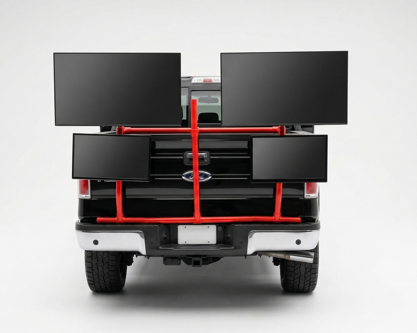 Back of a truck with a red PVC TV platform on a white background