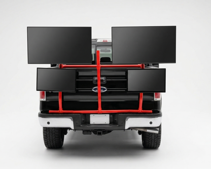 Back of a truck with a red PVC TV platform on a white background