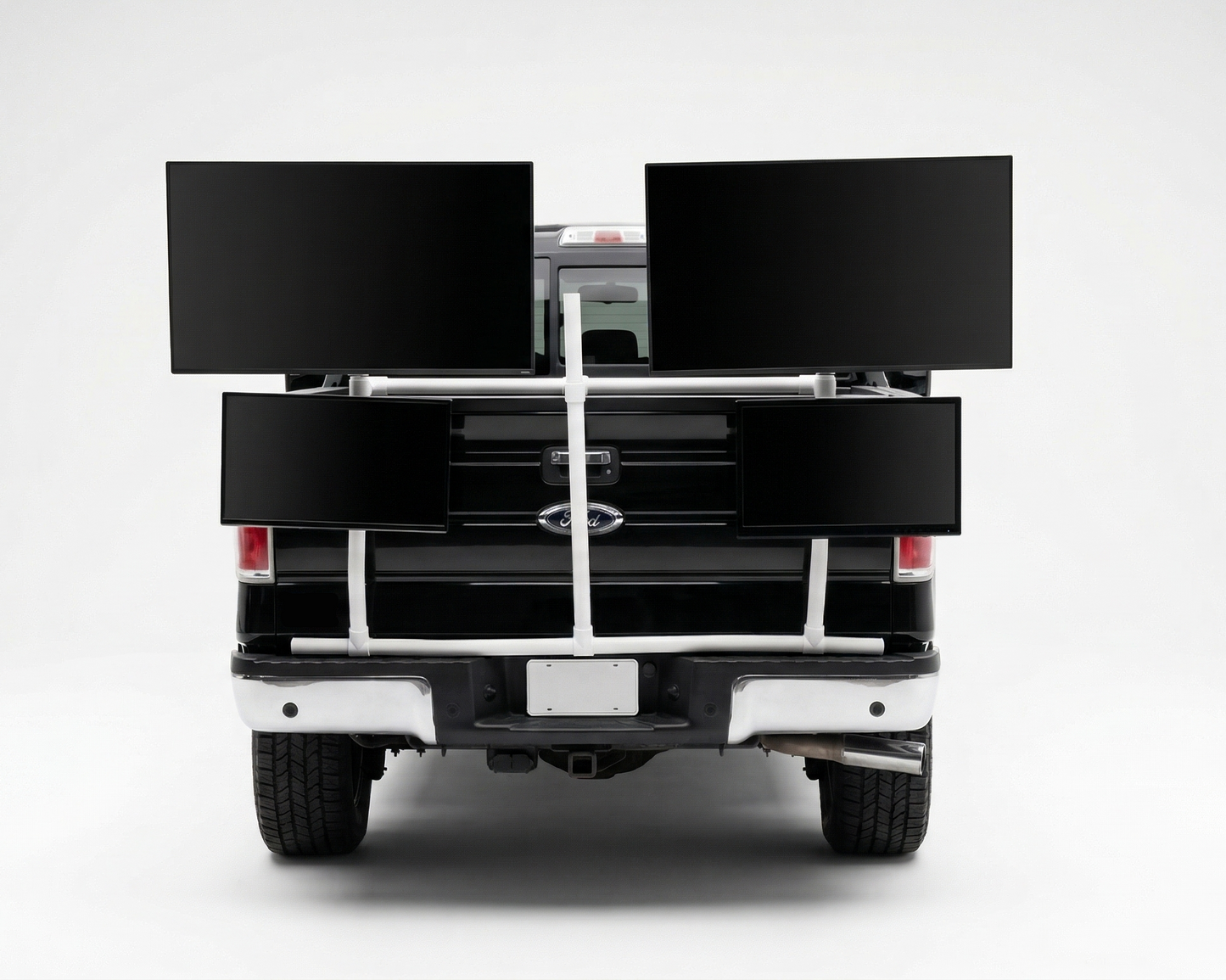 Back of a truck with a white PVC TV platform on a white background