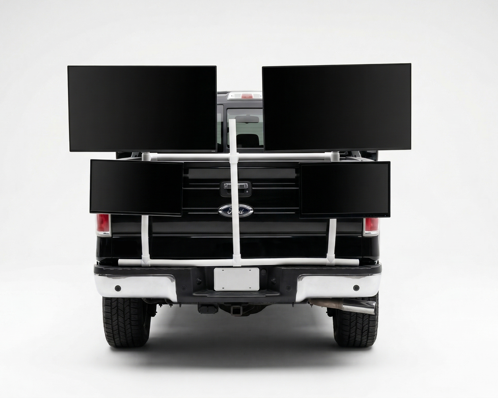 Back of a truck with a white PVC TV platform on a white background