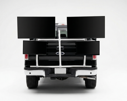 Back of a truck with a white PVC TV platform on a white background